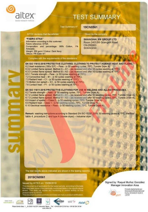 Etna: EN 11611 (Class 1), Etna: EN 11612 (A1, A2, B1, C1, E3, F1) (50× ...