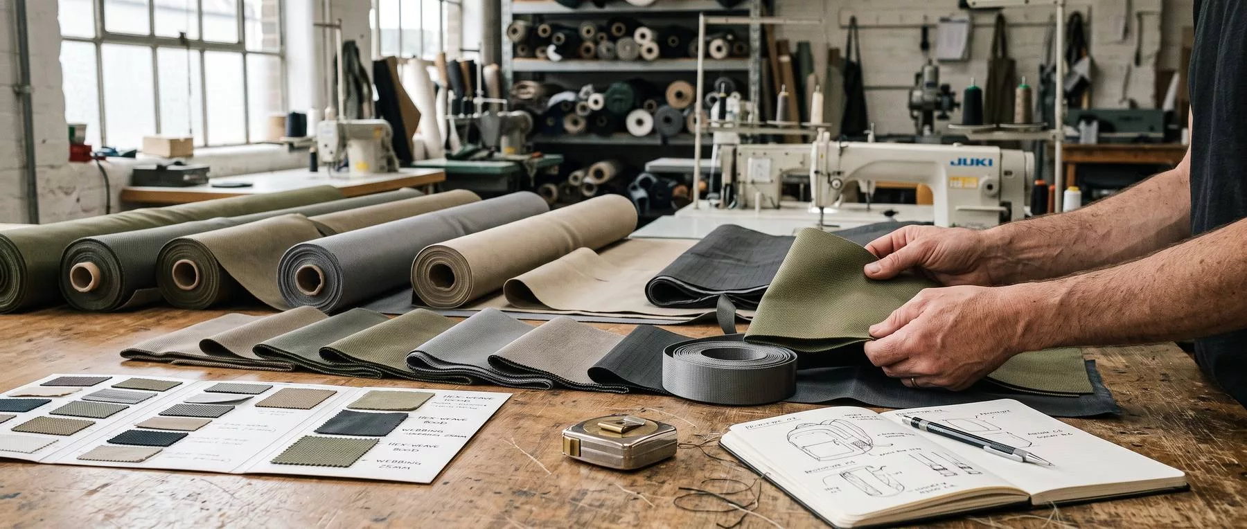 Comparing fabric and webbing tape swatches during custom development