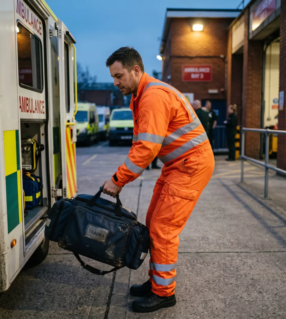 Paramedic in a hi-vis orange coverall made of EMERA-200 rip-stop stretch fabric