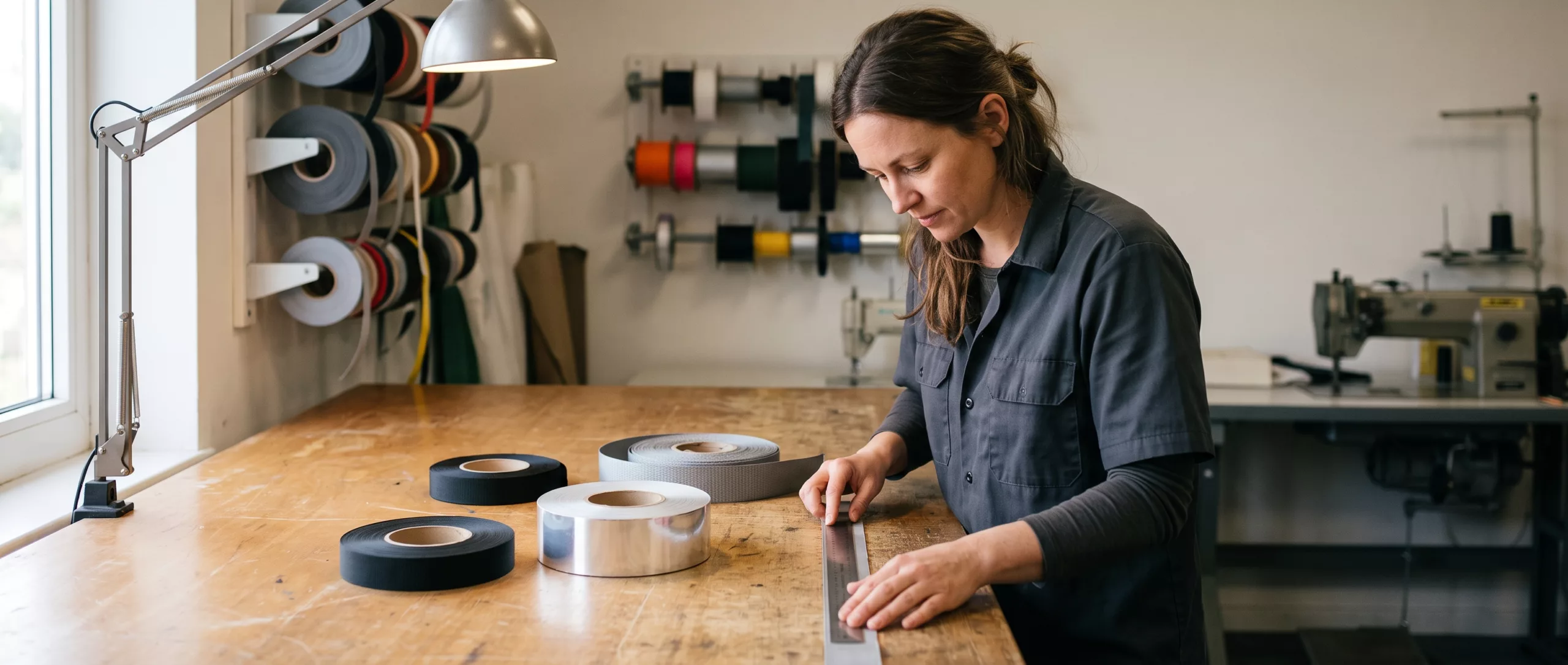 Technician measuring the width of reflective and webbing tape samples