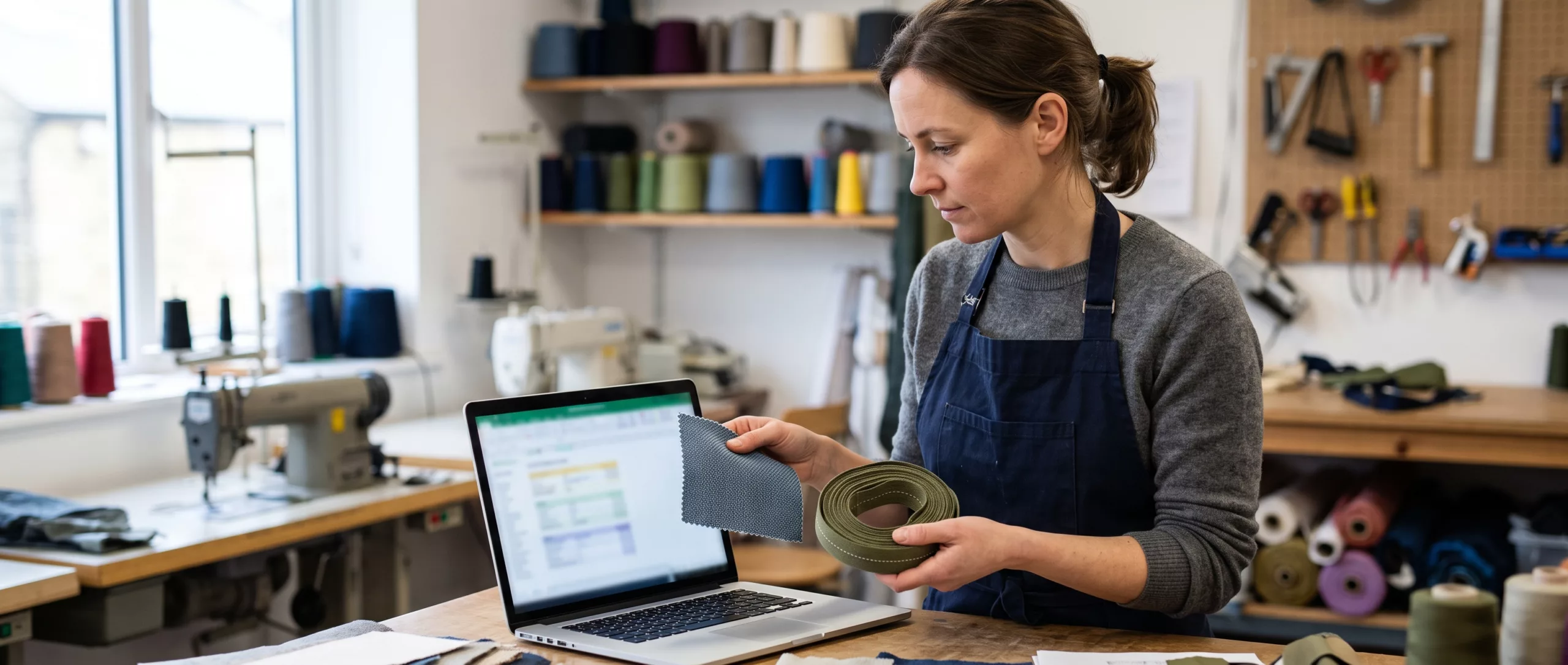 Developer reviewing a fabric swatch and tape sample alongside a quote on a laptop