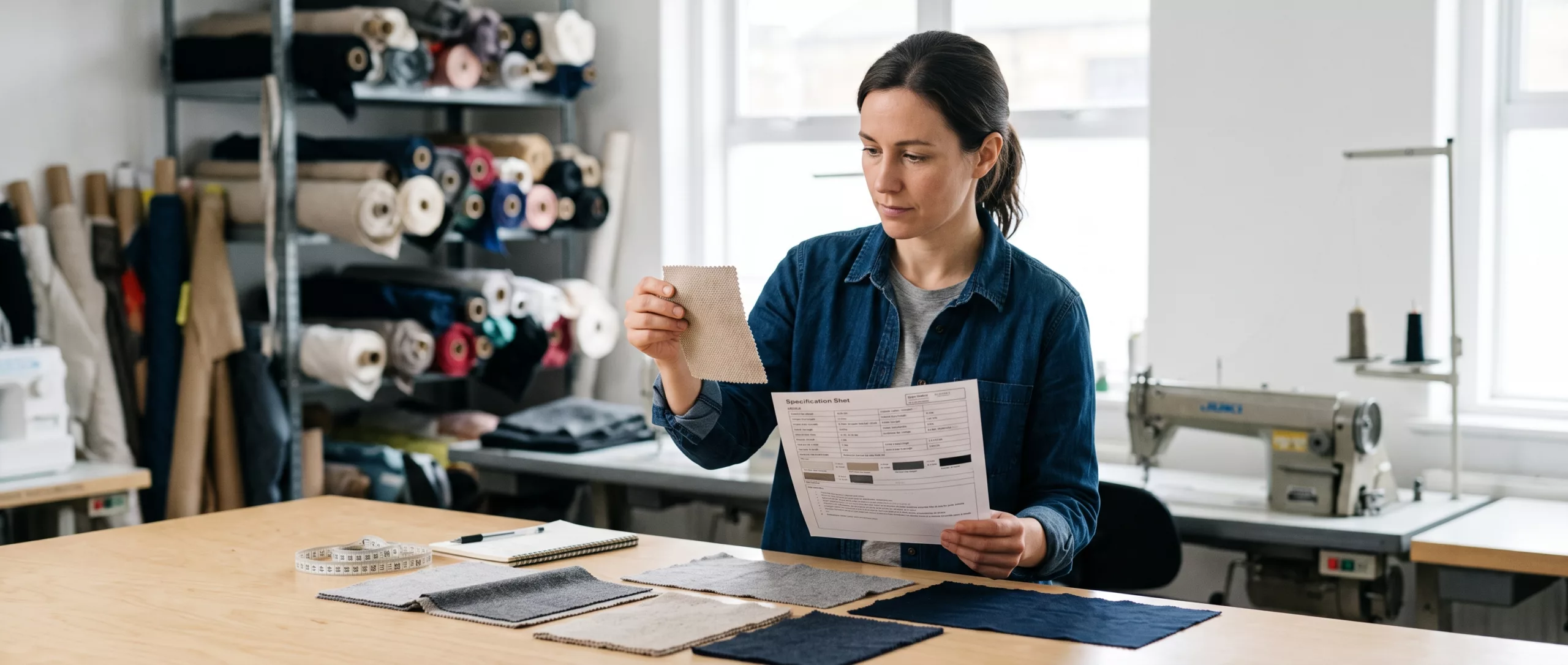 Fabric developer comparing a swatch against a specification sheet